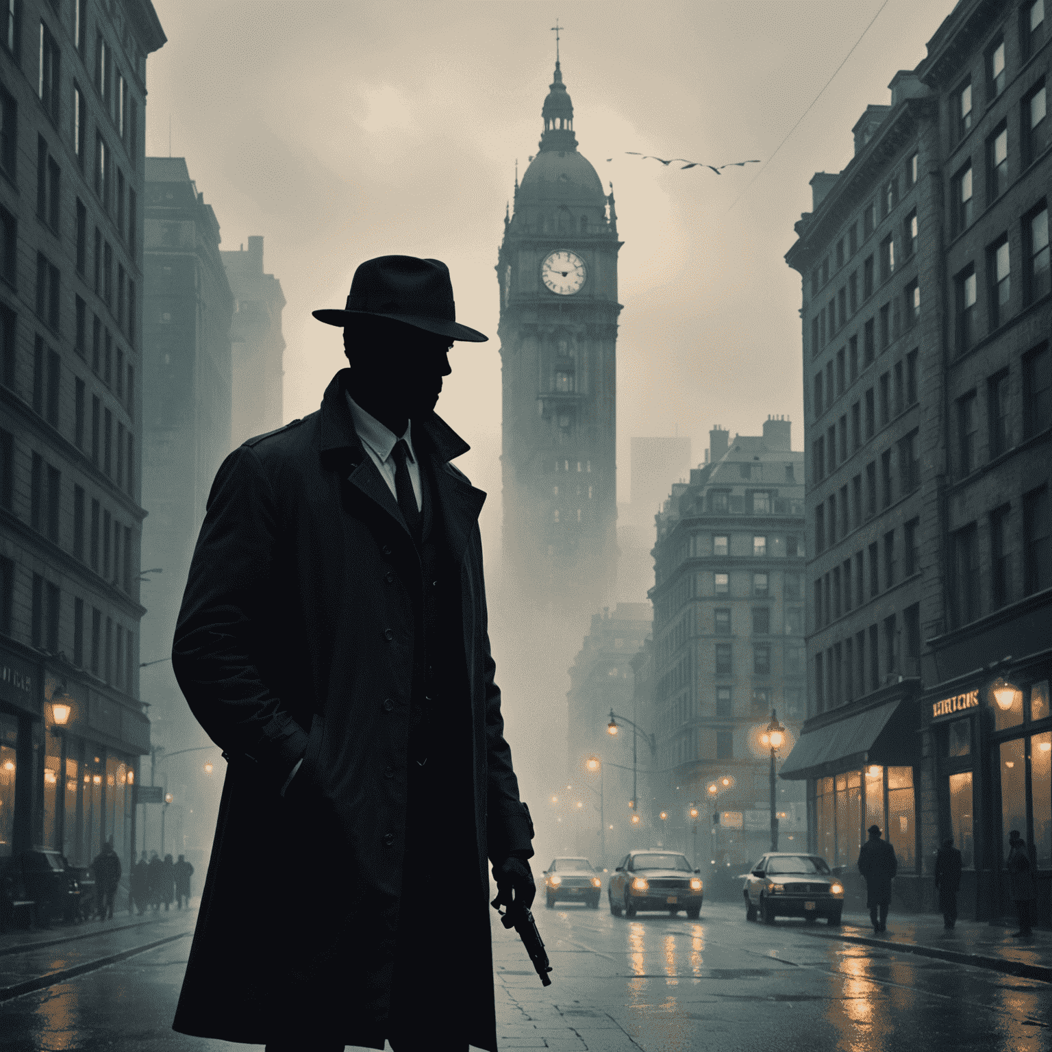 Cover of a mystery novel featuring a silhouette of a detective against a foggy cityscape