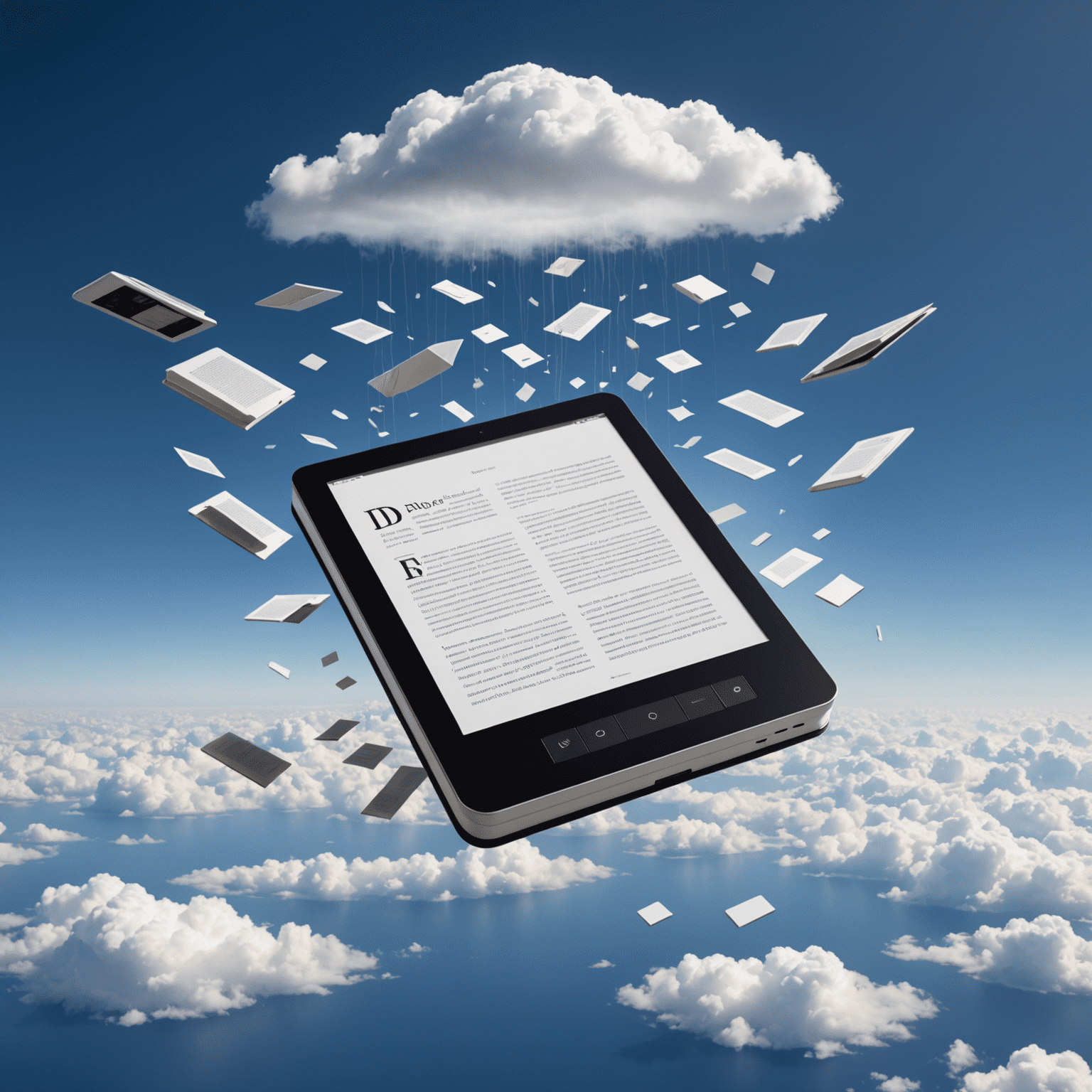 A futuristic e-reader device floating above a cloud of digital book covers, symbolizing the evolving eBook industry